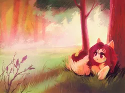 Size: 1934x1450 | Tagged: safe, artist:dearmary, derpibooru import, oc, oc:crimm harmony, unofficial characters only, pegasus, pony, female, image, jpeg, lying down, mare, scenery, smiling, solo, tree