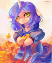 Size: 2248x2706 | Tagged: safe, artist:utauyan, derpibooru import, oc, unofficial characters only, pony, unicorn, autumn leaves, clothes, female, horn, image, leaf, leaves, mare, png, scarf, solo