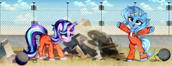 Size: 4096x1575 | Tagged: safe, artist:schwinarts, derpibooru import, starlight glimmer, trixie, g4, axe, ball and chain, breaking, clothes, commissioner:rainbowdash69, fence, horn, horn ring, image, jewelry, jpeg, magic suppression, never doubt rainbowdash69's involvement, prison outfit, prisoner, prisoner sg, prisoner tx, ring, rock, sky, weapon, yard