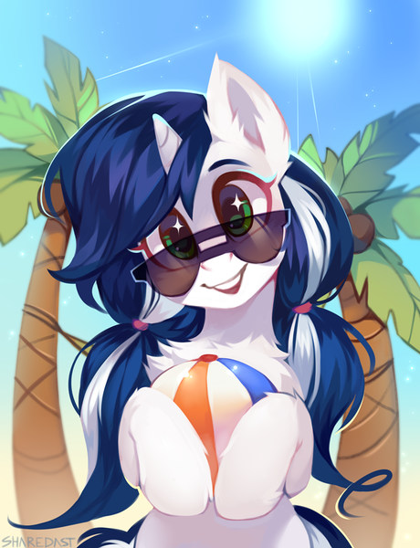 Size: 700x913 | Tagged: safe, artist:share dast, derpibooru import, oc, oc:muffinkarton, unofficial characters only, pony, unicorn, beach ball, chest fluff, commission, cute, female, horn, image, looking at you, mare, ocbetes, open mouth, pigtails, png, ponytail, signature, smiling, solo, starry eyes, summer, sun, sunglasses, tree, wingding eyes