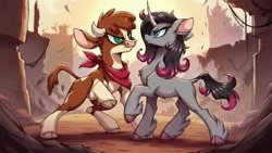 Size: 1920x1080 | Tagged: safe, ai content, derpibooru import, machine learning generated, prompter:cypher, oleander (tfh), cow, unicorn, them's fightin' herds, arizona (tfh), community related, duo, horn, image, jpeg