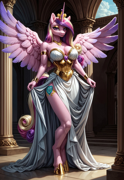 Size: 2759x4000 | Tagged: suggestive, ai content, derpibooru import, machine learning generated, stable diffusion, princess cadance, alicorn, anthro, unguligrade anthro, g4, bedroom eyes, big breasts, bracelet, breasts, busty princess cadance, clothes, cloud, crown, dress, eyeshadow, female, gold, high res, horn, image, inviting, jewelry, lidded eyes, looking at you, makeup, mascara, necklace, pillar, png, prompter:paajbach, regalia, seduction, seductive, seductive look, seductive pose, sexy, smiling, smiling at you, solo, solo female, spread wings, stupid sexy princess cadance, sultry pose, tiled floor, white dress, wings