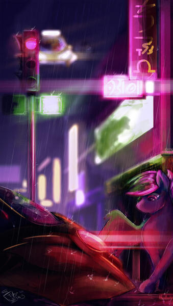 Size: 768x1361 | Tagged: safe, artist:tangomangoes, derpibooru import, oc, unofficial characters only, pegasus, pony, city, cyberpunk, image, jpeg, manehattan, night, science fiction, solo, vehicle