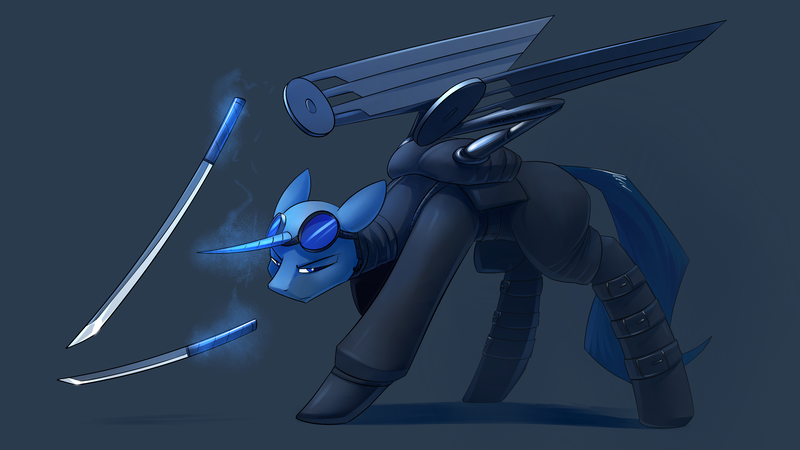 Size: 3840x2160 | Tagged: safe, artist:underpable, derpibooru import, oc, oc:flint, unofficial characters only, pony, unicorn, artificial wings, augmented, blue background, bodysuit, clothes, commission, goggles, goggles on head, horn, image, katana, male, mechanical wing, png, simple background, solo, stallion, sword, weapon, wings