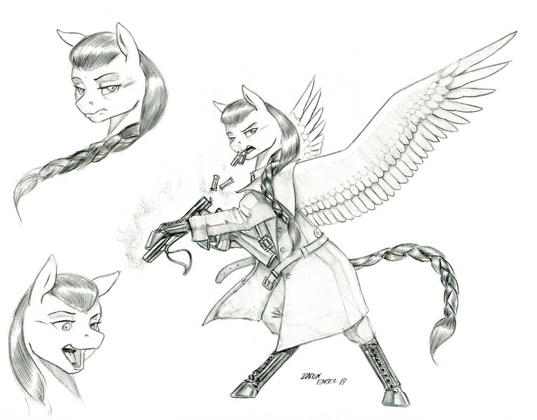 Size: 1400x1095 | Tagged: safe, artist:baron engel, derpibooru import, oc, oc:night song, unofficial characters only, pegasus, pony, boots, braid, braided tail, clothes, coat, double barreled shotgun, female, gun, image, jpeg, long coat, mare, monochrome, reloading, shoes, shotgun, shotgun shell, simple background, sketch, solo, traditional art, weapon, white background