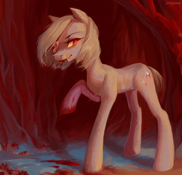 Size: 1560x1506 | Tagged: semi-grimdark, artist:utauyan, derpibooru import, oc, unofficial characters only, ghoul, pony, undead, blood, commission, eyepatch, fangs, female, forest, forked tongue, image, mare, nature, png, solo, tree, ych result