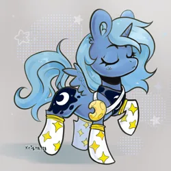 Size: 2100x2100 | Tagged: safe, artist:krista-21, derpibooru import, princess luna, alicorn, pony, abstract background, accessory, clothes, cute, dots, eyes closed, female, filly, filly luna, foal, image, jewelry, lunabetes, png, raised hoof, s1 luna, socks, solo, solo female, spread wings, stars, wings, woona, younger