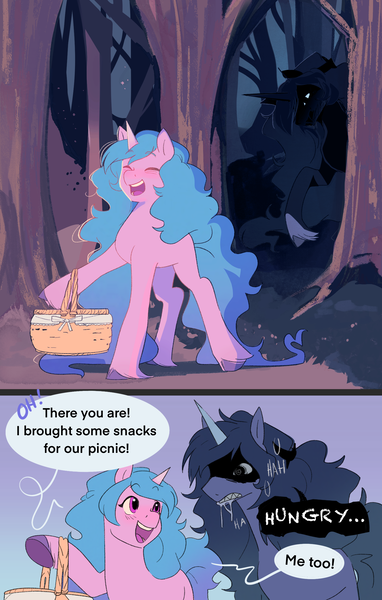 Size: 1625x2553 | Tagged: safe, artist:aztrial, derpibooru import, izzy moonbow, oc, oc:mimic izzy, pony, unicorn, g5, basket, duo, forest, horn, image, nature, png, tree, unitober 2024