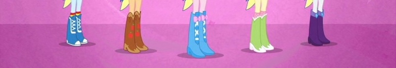 Size: 852x148 | Tagged: safe, derpibooru import, screencap, hitch trailblazer, izzy moonbow, pipp petals, sunny starscout, zipp storm, equestria girls, g4, g5, boots, boots shot, clothes, high heel boots, image, jpeg, legs, mane five, pictures of legs, polka dot socks, shoes, socks, solo