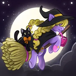 Size: 2400x2400 | Tagged: safe, artist:sparkytopia, derpibooru import, abra-ca-dabra, cat, earth pony, pony, g3, black cat, braid, braided pigtails, broom, cape, clothes, costume, female, flying, flying broomstick, green eyes, halloween, halloween costume, halloween ponies, hat, holiday, hoof heart, image, looking at you, looking back, looking back at you, mare, moon, night, outdoors, pigtails, png, purple coat, signature, smiling, solo, underhoof, witch costume, yellow hair