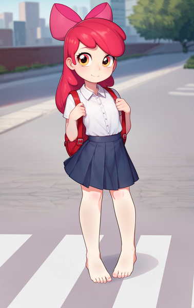 Size: 1024x1624 | Tagged: safe, ai content, machine learning generated, apple bloom, human, backpack, barefoot, bow, child, clothes, feet, female, hair bow, humanized, image, png, school uniform, shirt, skirt, solo, solo female, street, t-shirt, underage