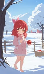 Size: 992x1664 | Tagged: safe, ai content, machine learning generated, apple bloom, human, apple, barefoot, bow, child, clothes, feet, female, food, hair bow, humanized, image, jacket, outdoors, png, scarf, snow, solo, solo female, underage, winter