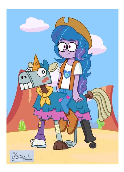 Size: 736x1024 | Tagged: safe, artist:garybaldor, izzy moonbow, human, equestria girls, g4, g5, blue hair, boots, cactus, clothes, cloud, cowboy, cowboy boots, cowboy hat, cowgirl, cute, denim, desert, equestria girls-ified, female, g5 to equestria girls, g5 to g4, generation leap, hat, image, izzybetes, jeans, jpeg, male, outdoors, pants, passepartout, purple eyes, purple skin, señor butterscotch, shirt, shoes, signature, sky, solo, t-shirt, vest