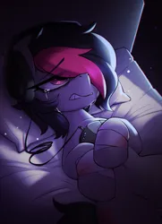 Size: 2031x2805 | Tagged: semi-grimdark, artist:quotepony, derpibooru import, oc, oc:miss eri, unofficial characters only, earth pony, pony, bandage, bed, crying, emo, female, headphones, image, implied self harm, indoors, lying down, mare, music player, on back, png, solo