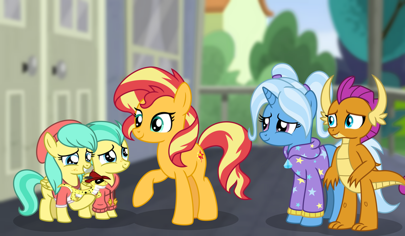 Size: 4000x2333 | Tagged: safe, artist:emeraldblast63, derpibooru import, barley barrel, pickle barrel, smolder, sunset shimmer, trixie, dragon, pegasus, pony, unicorn, comic:the tale of two sunsets, g4, barrel twins, brother and sister, female, horn, image, male, outdoors, png, siblings, twins