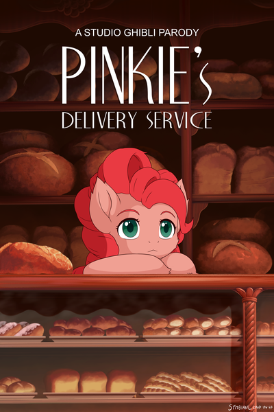 Size: 1280x1920 | Tagged: safe, artist:symbianl, derpibooru import, pinkie pie, earth pony, pony, g4, :<, bread, cottagecore, crossover, cute, diapinkes, ear fluff, ear tufts, female, food, herbivore, image, indoors, kiki's delivery service, leaning, looking at you, mare, parody, pastry, png, solo, store, studio ghibli