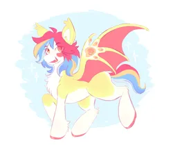 Size: 3129x2666 | Tagged: safe, alternate version, artist:kaijulii, derpibooru import, oc, oc:pequeña piñata, unofficial characters only, bat pony, :d, bat pony oc, bat wings, colored wings, image, messy hair, messy mane, multicolored hair, multicolored mane, multicolored tail, multicolored wings, open mouth, open smile, orange eyes, paws, png, simple shading, smiling, solo, tail, wing paws, wings, yellow eyes, yellow fur