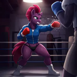 Size: 1024x1024 | Tagged: safe, ai content, derpibooru import, generator:google imagen 3.0, machine learning generated, prompter:zerowinger, fizzlepop berrytwist, tempest shadow, anthro, plantigrade anthro, unicorn, g4, bikini, bikini bottom, boxing, boxing gloves, boxing ring, clothes, female, gritted teeth, gym, horn, image, jacket, jpeg, muscles, muscular female, offscreen character, punch, sparring, sports, sweat, sweating profusely, swimsuit, teeth, temple shadow, track jacket, workout