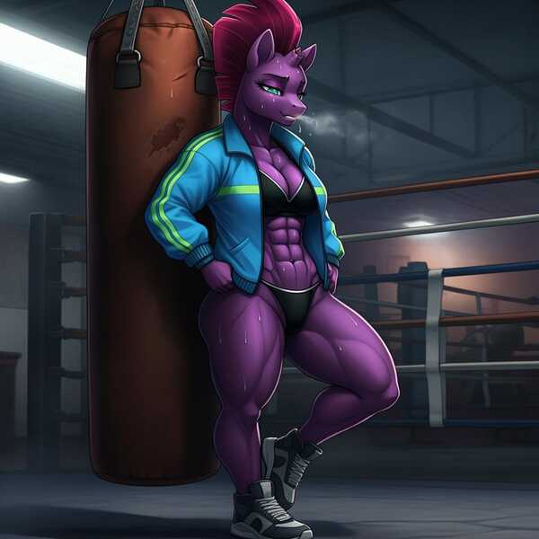 Size: 1024x1024 | Tagged: safe, ai content, derpibooru import, generator:google imagen 3.0, machine learning generated, prompter:zerowinger, fizzlepop berrytwist, tempest shadow, anthro, plantigrade anthro, unicorn, g4, abs, applebucking thighs, bikini, boxing ring, breasts, breath, breathing heavily, broken horn, clothes, exhausted, female, gym, hand on hip, horn, image, jacket, jpeg, muscles, muscular female, punching bag, resting, shoes, sneakers, solo, sports bra, sports panties, sweat, sweating profusely, swimsuit, temple shadow, thighs, thunder thighs, track jacket, vulgar