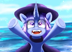 Size: 1920x1383 | Tagged: safe, artist:jphyperx, derpibooru import, oc, oc:flawless sparklemoon, unofficial characters only, pony, unicorn, cloak, clothes, fangs, female, fusion, fusion:trixie, fusion:twilight sparkle, fusion:twixie, hat, horn, image, jpeg, my little pony the movie: the death of twilight sparkle, ocean, questionable source, raised hoof, solo, starry eyes, stars, sweat, sweatdrop, teeth, top hat, water, wingding eyes, yelling