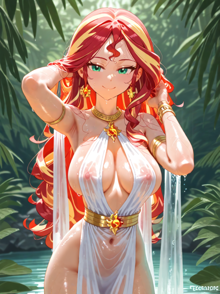 Size: 960x1280 | Tagged: questionable, ai content, derpibooru import, editor:sammykun, generator:pixai.art, machine learning generated, sunset shimmer, human, g4, arm bracelet, belly, belly button, breasts, busty sunset shimmer, choker, cleavage, clothes, cutie mark, cutie mark on clothes, dress, ear piercing, earring, female, forest, glossy, gold, hands on head, humanized, image, jewelry, jungle, loincloth, loincloth dress, long hair, looking at you, low angle, nature, nipples, nudity, palace, piercing, plants, png, pond, prompter:sammykun, see-through, smiling, solo, stupid sexy sunset shimmer, tree, water, wet, wet clothes, wet hair, white dress, wide hips