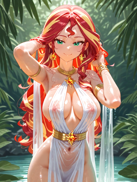 Size: 960x1280 | Tagged: questionable, ai content, derpibooru import, editor:sammykun, generator:pixai.art, machine learning generated, sunset shimmer, human, g4, arm bracelet, belly, belly button, breasts, busty sunset shimmer, choker, cleavage, clothes, cutie mark, cutie mark on clothes, dress, ear piercing, earring, female, forest, glossy, gold, hands on head, humanized, image, jewelry, jungle, loincloth, loincloth dress, long hair, looking at you, low angle, nature, nipples, nudity, palace, piercing, plants, png, pond, prompter:sammykun, see-through, smiling, solo, stupid sexy sunset shimmer, tree, water, wet, wet clothes, wet hair, white dress, wide hips