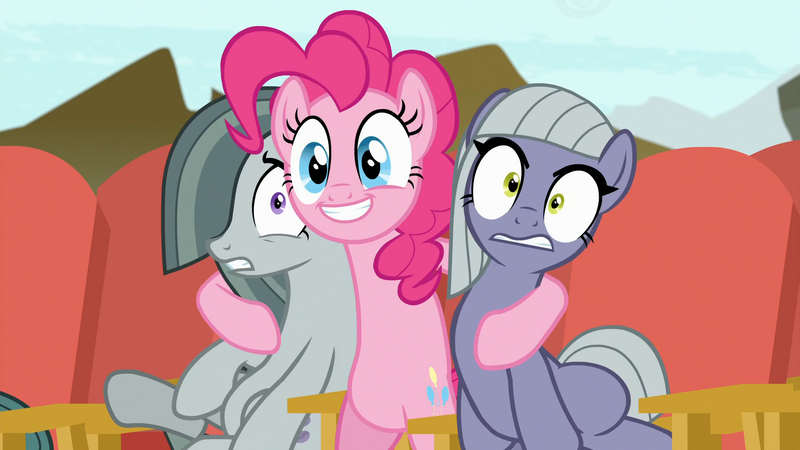 Size: 1920x1080 | Tagged: safe, derpibooru import, screencap, limestone pie, marble pie, pinkie pie, earth pony, pony, g4, rock solid friendship, season 7, discovery family, discovery family logo, hind legs, hug, image, logo, png