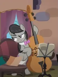 Size: 405x530 | Tagged: safe, derpibooru import, screencap, octavia melody, earth pony, pony, g4, season 5, slice of life (episode), bipedal, cello, cropped, eyebrows, image, musical instrument, png, raised eyebrow, smiling, smug, solo