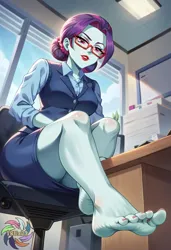 Size: 2496x3648 | Tagged: safe, ai content, derpibooru import, generator:civitai, machine learning generated, prompter:trux23, principal abacus cinch, human, g4, chair, feet, fetish, foot fetish, image, jpeg, low angle, office, office chair, solo, toes