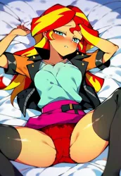 Size: 704x1024 | Tagged: suggestive, ai content, derpibooru import, machine learning generated, prompter:egupskirt00, sunset shimmer, equestria girls, g4, bedroom eyes, blushing, breasts, clothes, image, jpeg, lace underwear, legs, looking at you, lying down, panties, red underwear, skirt, skirt lift, socks, spread legs, spreading, thigh highs, underwear, upskirt