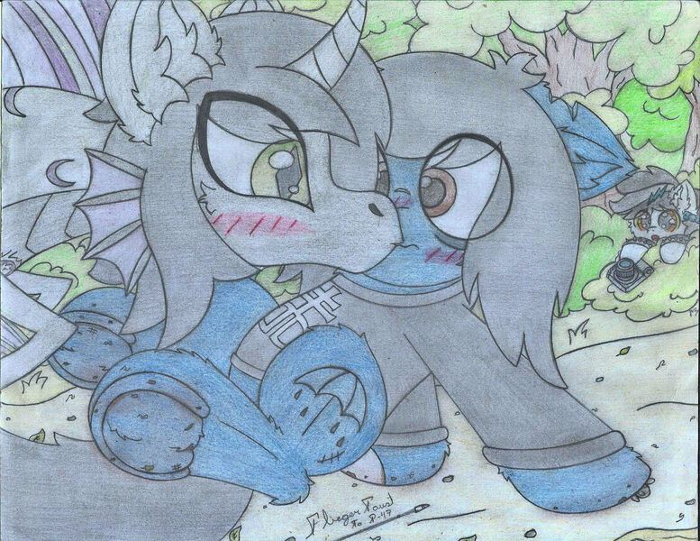 Size: 2202x1700 | Tagged: safe, artist:fliegerfausttop47, derpibooru import, oc, oc:lightning dee, ponified:kellin quinn, ponified:oliver sykes, unofficial characters only, pegasus, pony, siren, undead, zombie, zombie pony, adorable face, black mane, blue coat, blushing, bracelet, brown eyes, bush, camera, cheek fluff, clothes, colored sclera, complex background, cute, description is relevant, dirt road, dirty, ear fluff, embarrassed, excited, fluffy, gift art, gray coat, green eyes, happy, hiding, hiding in bushes, hoodie, hoof fluff, image, jpeg, kiss on the lips, kissing, leaves, leg fluff, looking at each other, looking at someone, ocbetes, pencil drawing, rainbow rocks 10th anniversary, rock, shipping, siren oc, spiked wristband, spying, story included, surprise kiss, traditional art, wristband, yellow eyes, yellow sclera