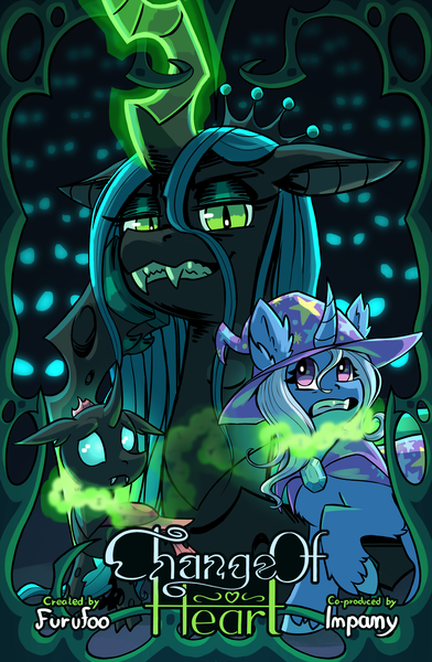 Size: 2008x3071 | Tagged: safe, artist:furufoo, artist:impamy, derpibooru import, ocellus, queen chrysalis, trixie, changeling, pony, unicorn, comic:change of heart (furufoo), cape, clothes, cloven hooves, comic, cover page, crowd, eyeshadow, fangs, female, green eyes, hat, horn, image, magic, makeup, png, swarm, tarot, witch hat