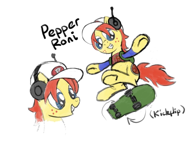 Size: 1290x942 | Tagged: safe, artist:aprilfools, ponerpics import, oc, oc:pepper roni, earth pony, pony, backpack, baseball cap, cap, colored sketch, female, hat, headphones, image, jpeg, lego island, lego island 2, mare, pepper roni, reference, skateboard, skating, sketch, solo, video game reference