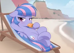 Size: 3660x2660 | Tagged: safe, alternate version, artist:pestil, ponerpics import, ponybooru import, wind sprint, pegasus, pony, g4, beach, beach chair, female, filly, foal, foalcon, food, image, looking at you, png, popsicle, underage