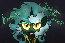 Size: 3245x2163 | Tagged: safe, artist:background basset, derpibooru import, lyra heartstrings, unicorn, abstract background, bust, dialogue, fangs, glow, glowing eyes, horn, image, jewelry, looking at you, nightmare lyra, nightmarified, open mouth, png, solo, text