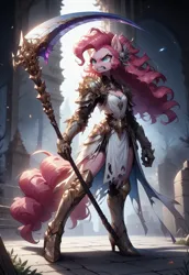 Size: 1280x1856 | Tagged: safe, ai content, derpibooru import, machine learning generated, prompter:vtaviscratch, pinkie pie, anthro, aggressive, armor, boots, clothes, fantasy class, gauntlet, gritted teeth, image, jpeg, rpg, scythe, shoes, teeth, warrior