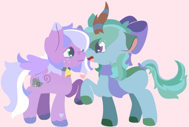 Size: 1569x1057 | Tagged: safe, artist:mimiqq, derpibooru import, oc, oc:dewshine (kirin), oc:satin showers, unofficial characters only, kirin, pegasus, pony, bell, bell collar, bisexual, bow, collar, female, females only, floppy ears, folded wings, hair bow, happy, hoof heart, image, lesbian, lineless, looking at each other, looking at someone, mare, oc x oc, png, raised hoof, romantic, shipping, simple background, tail, tail bow, underhoof, wings