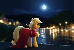 Size: 1216x832 | Tagged: prompter needed, safe, ai content, derpibooru import, machine learning generated, applejack, g4, clothes, dress, houses, image, lantern, moon, night, png, red dress, reflection, river, scenery, solo, water