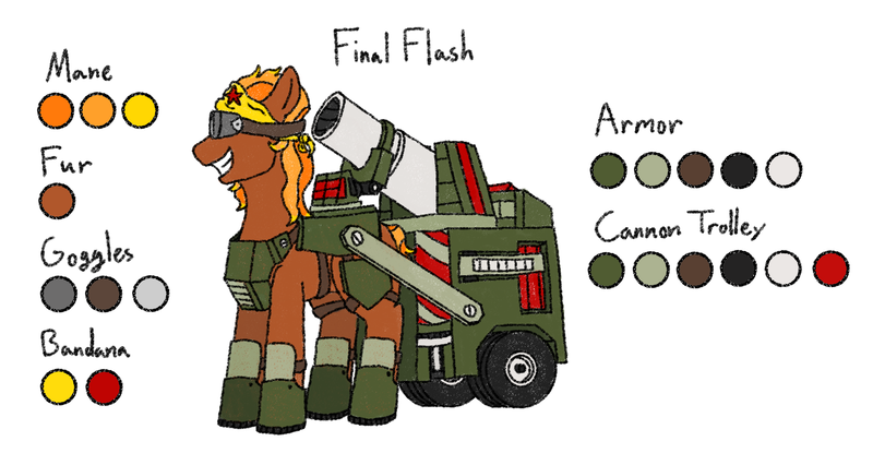 Size: 2001x1066 | Tagged: safe, artist:nukepony360, derpibooru import, oc, oc:final flash, unofficial characters only, earth pony, pony, armor, bandana, cannon, cart, command and conquer: generals, female, gauntlet, goggles, image, mare, nuclear cannon, png, reference sheet, solo, solo female, trolley