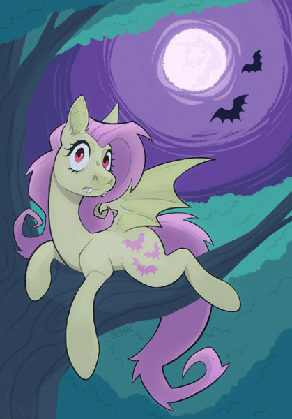 Size: 1430x2048 | Tagged: safe, artist:beyhr, derpibooru import, fluttershy, bat, bat pony, pony, g4, bat nose, bat ponified, description in comments, ear fluff, fangs, female, flutterbat, frown, full moon, halloween, holiday, image, in a tree, jpeg, long mane, long tail, lying down, mare, moon, night, outdoors, pink mane, pink tail, prone, purple sky, race swap, red eyes, signature, sitting in a tree, solo, spiky mane, spiky tail, spread wings, tail, three quarter view, tree, tree branch, wings, yellow coat