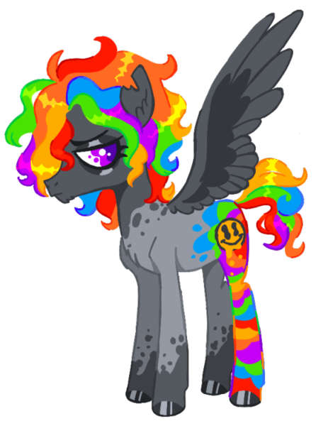 Size: 526x681 | Tagged: safe, artist:peaceandlove26, artist:twinklewish, derpibooru import, oc, oc:bad trip, unofficial characters only, pegasus, pony, 2021, cascading cutie mark, chin fluff, coat markings, colored ears, colored head, colored hooves, colored pupils, colored wings, ear fluff, eyelashes, eyestrain warning, fluffy mane, frown, gray eyeshadow, gray hooves, gray wings, hooves, image, large wings, leg markings, lidded eyes, looking back, multicolored hair, multicolored mane, old art, pegasus oc, png, profile, purple eyes, purple pupils, rainbow hair, rainbow tail, shaggy mane, shaggy tail, shiny mane, shiny tail, short tail, simple background, socks (coat marking), solo, spread wings, tail, transparent background, two toned wings, wings