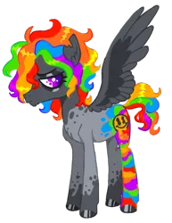 Size: 526x681 | Tagged: safe, artist:peaceandlove26, artist:twinklewish, derpibooru import, oc, oc:bad trip, unofficial characters only, pegasus, pony, 2021, cascading cutie mark, chin fluff, coat markings, colored ears, colored head, colored hooves, colored pupils, colored wings, ear fluff, eyelashes, eyestrain warning, fluffy mane, frown, gray eyeshadow, gray hooves, gray wings, hooves, image, large wings, leg markings, lidded eyes, looking back, multicolored hair, multicolored mane, old art, pegasus oc, png, profile, purple eyes, purple pupils, rainbow hair, rainbow tail, shaggy mane, shaggy tail, shiny mane, shiny tail, short tail, simple background, socks (coat marking), solo, spread wings, tail, transparent background, two toned wings, wings