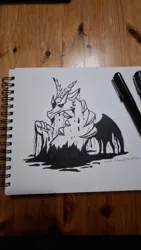 Size: 1152x2048 | Tagged: safe, artist:astaror, derpibooru import, discord, fusion, image, ink drawing, inktober, inktober 2024, jpeg, pen, pokémon, traditional art