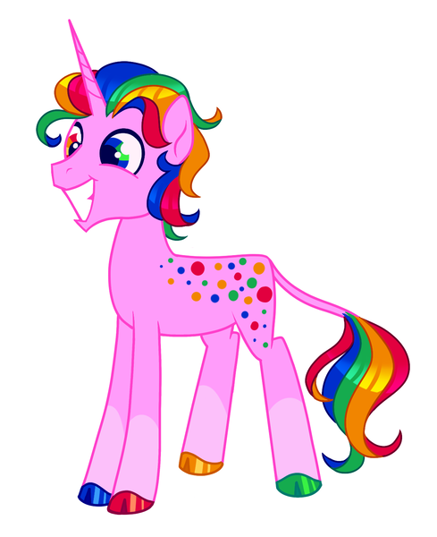 Size: 1179x1448 | Tagged: safe, artist:peaceandlove26, artist:twinklewish, derpibooru import, oc, oc:polka palooza, unofficial characters only, pony, unicorn, 2021, blank flank, cloven hooves, coat markings, colored hooves, heterochromia, hooves, horn, image, leg markings, leonine tail, long legs, mismatched hooves, multicolored eyes, multicolored hair, multicolored hooves, multicolored mane, old art, pink coat, png, rainbow hair, rainbow tail, shiny hooves, shiny mane, shiny tail, show accurate, simple background, smiling, socks (coat marking), solo, spots, tail, thin, three quarter view, unicorn horn, unicorn oc, white background