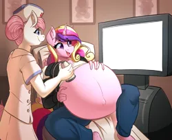 Size: 2760x2248 | Tagged: safe, alternate version, artist:witchtaunter, derpibooru import, nurse redheart, princess cadance, anthro, g4, bed, belly, big belly, clothes, commission, commissioner:reversalmushroom, crying, doctor's office, exploitable, exploitable meme, female, good clean married vore, happy, hospital, hospital bed, image, meme, multiple variants, png, pregnant, prenatal exam, simple background, tears of joy, the secret witchtaunter vault, transparent background, ultrasound, vore