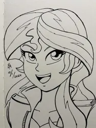 Size: 720x960 | Tagged: safe, artist:mayorlight, derpibooru import, sunset shimmer, human, equestria girls, g4, female, image, ink drawing, inktober 2024, jpeg, monochrome, open mouth, open smile, smiling, solo, traditional art