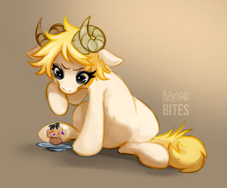 Size: 1280x1059 | Tagged: safe, artist:abyssalbites, derpibooru import, oc, unofficial characters only, pony, spider, food, horns, image, jpeg, muffin, ram horns, simple background, sitting, solo