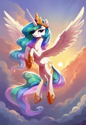 Size: 832x1216 | Tagged: safe, ai content, derpibooru import, generator:civitai, machine learning generated, prompter:nickdisneyfan78, stable diffusion, princess celestia, alicorn, pony, g4, cloud, cloudy, female, flying, full body, generator:pony diffusion v6 xl, image, jpeg, looking at you, outdoors, sky, solo, solo female, sun