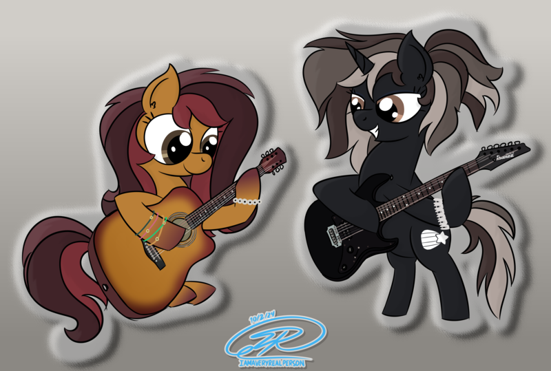 Size: 8448x5688 | Tagged: safe, artist:iamaveryrealperson, derpibooru import, oc, oc:dusk crescendo, oc:maple chord, ponified, unofficial characters only, earth pony, pony, unicorn, bracelet, closed mouth, colored, date (time), drop shadow, duo, earth pony oc, electric guitar, eyelashes, female, gradient background, gradient hooves, guitar, horn, ibanez, image, jewelry, lesbian, looking down, mare, multicolored hair, multicolored mane, multicolored tail, musical instrument, oc x oc, png, rainbow rocks 10th anniversary, shipping, signature, sitting, smiling, standing, tail, teeth, trans female, transgender, transgender oc, unicorn horn, unicorn oc, watermark