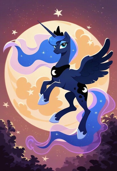 Size: 832x1216 | Tagged: safe, ai content, derpibooru import, generator:civitai, machine learning generated, prompter:nickdisneyfan78, stable diffusion, princess luna, alicorn, pony, g4, female, flying, full body, full moon, generator:pony diffusion v6 xl, image, jpeg, looking at you, moon, outdoors, sky, solo, solo female, stars